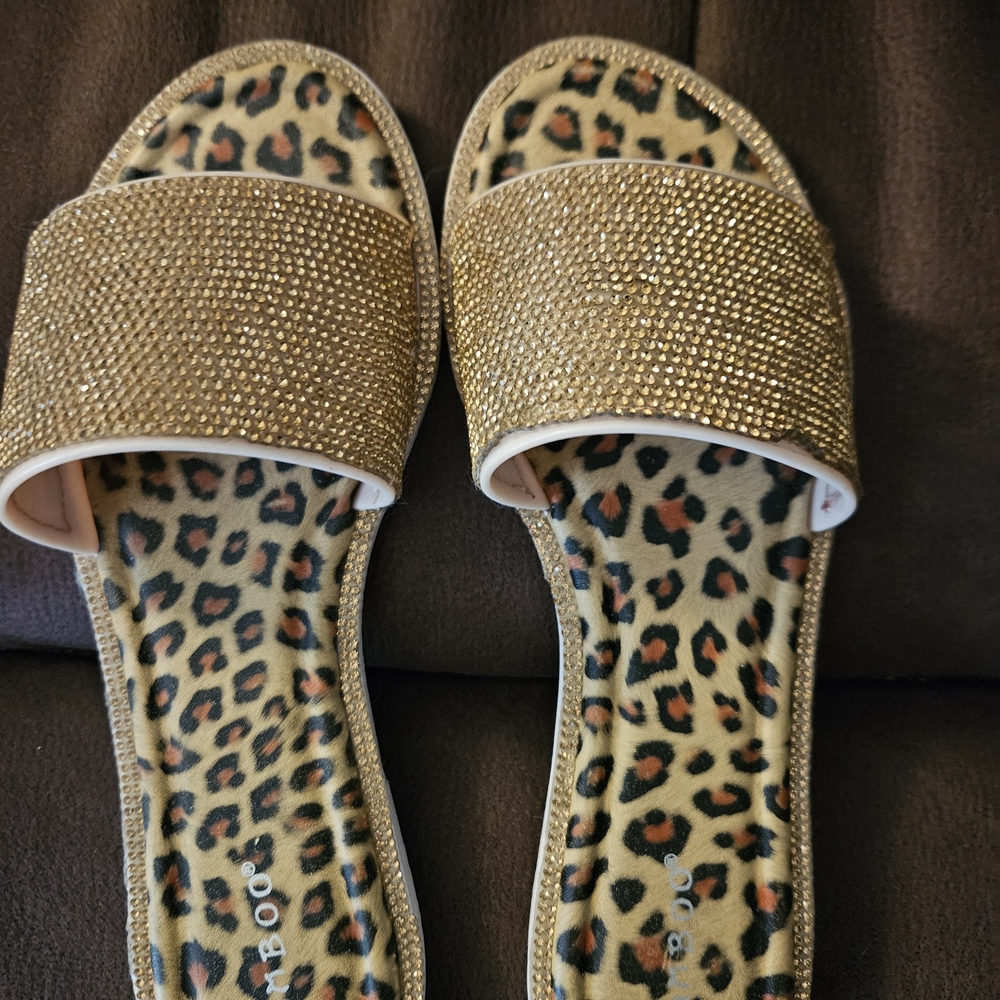 Gold Slide Sandals with Leopard Print Insole